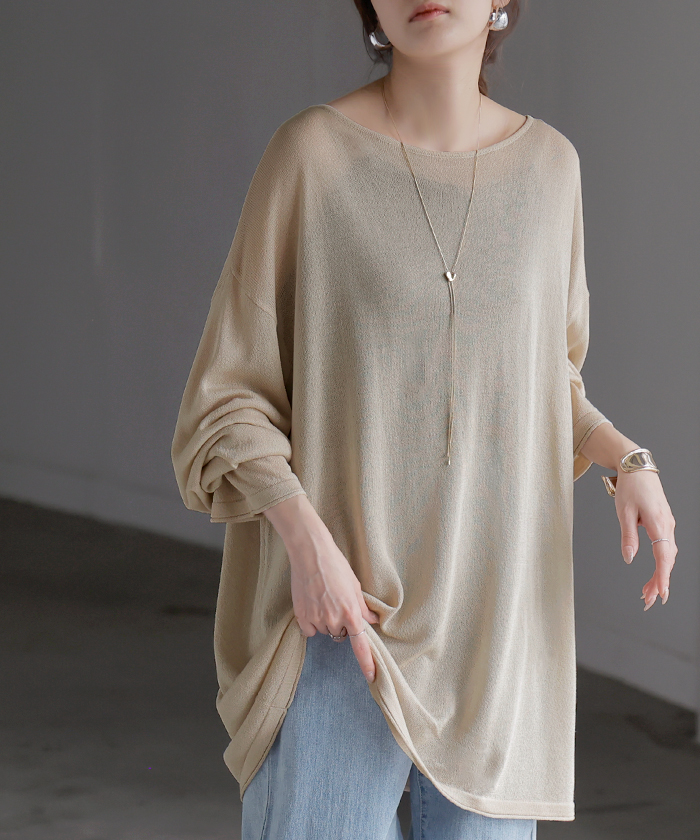 ニット シアーニット ラメ レディース 透かし編み トップス セーター チュニック シアー 透け感 上品 レイヤード 重ね着 天竺編み ゆったり 体型カバー | HUG.U | 02