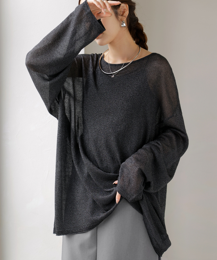 ニット シアーニット ラメ レディース 透かし編み トップス セーター チュニック シアー 透け感 上品 レイヤード 重ね着 天竺編み ゆったり 体型カバー | HUG.U | 04