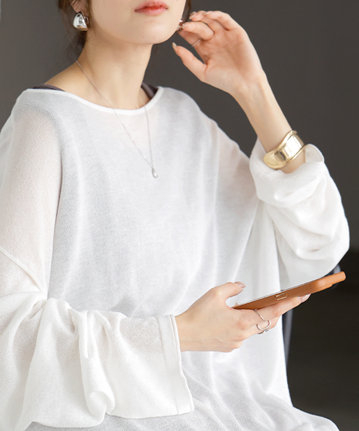 ニット シアーニット ラメ レディース 透かし編み トップス セーター チュニック シアー 透け感 上品 レイヤード 重ね着 天竺編み ゆったり 体型カバー | HUG.U | 01