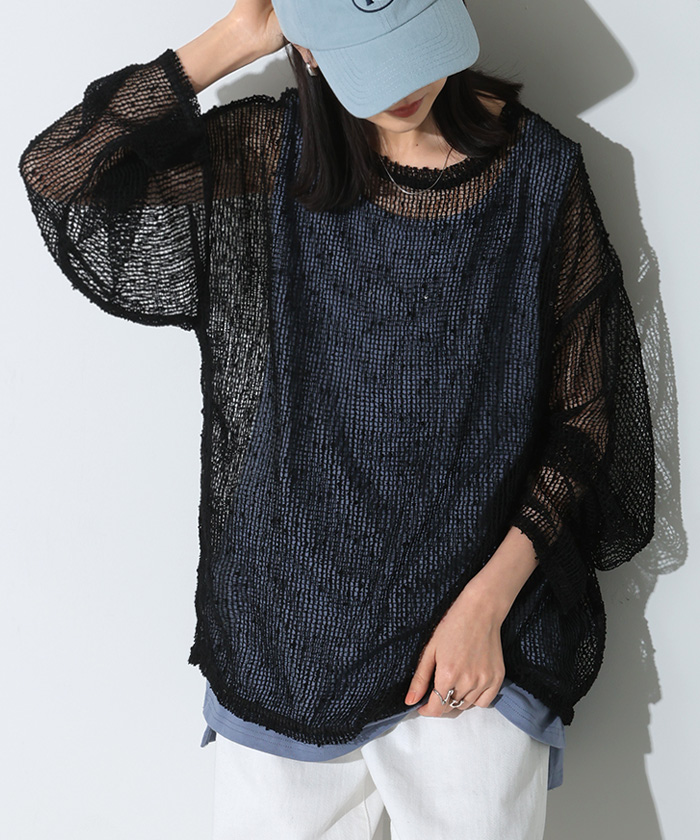 サマーニット シアー レディース トップス 透かし編み スパンコール ロング ニット セーター プルオーバー レイヤード 透け チクチクしない 重ね着 薄手 | HUG.U | 03