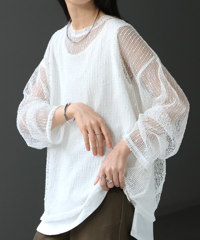 サマーニット シアー レディース トップス 透かし編み スパンコール ロング ニット セーター プルオーバー レイヤード 透け チクチクしない 重ね着 薄手 | HUG.U | 01