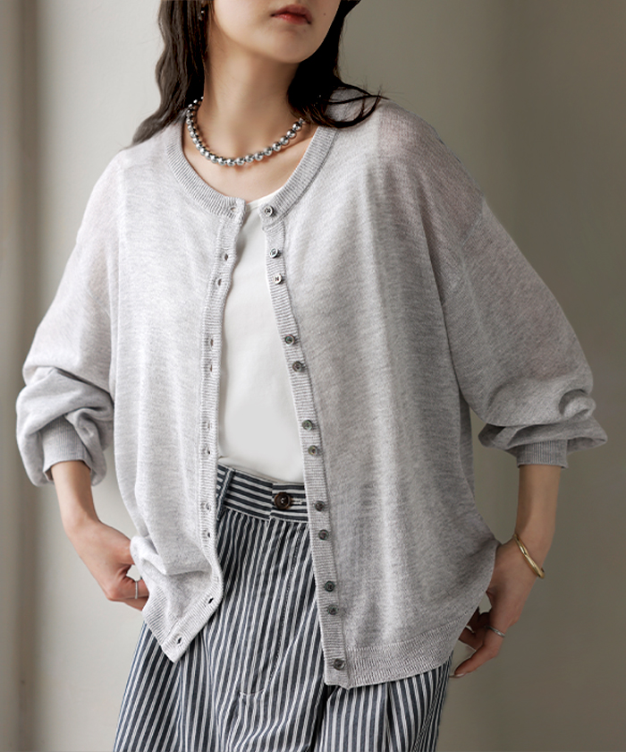 カーディガン シアーニット レディース 長袖 ラメ シアーニットカーデ 羽織り トップス 短丈 ショート丈 薄手 スタイルアップ レイヤード 重ね着 軽い | HUG.U | 02