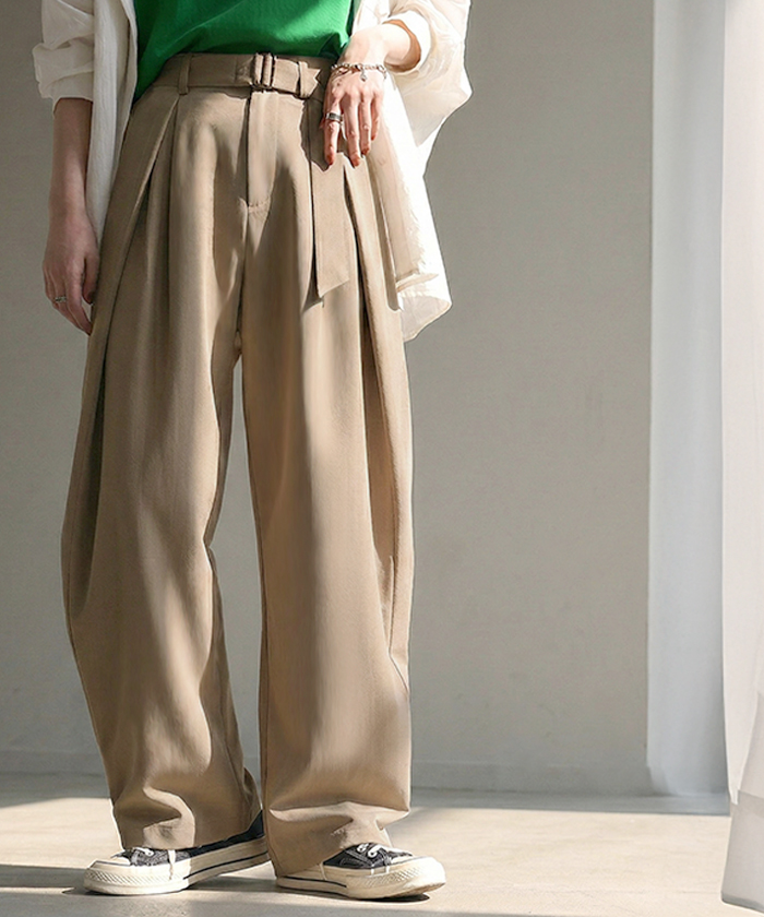 パンツ タック サイドラップ レディース スラックス ワイドパンツ ラップパンツ ボトムス ズボン シワになりにくい バレルレッグ ウエストゴム 体型カバー | HUG.U | 01