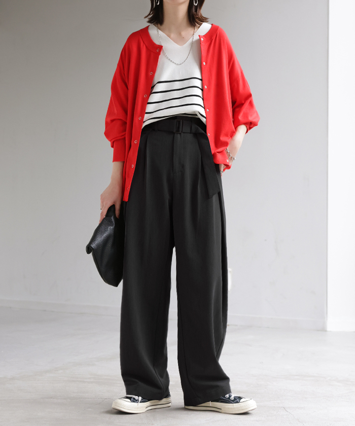 パンツ タック サイドラップ レディース スラックス ワイドパンツ ラップパンツ ボトムス ズボン シワになりにくい バレルレッグ ウエストゴム 体型カバー | HUG.U | 03