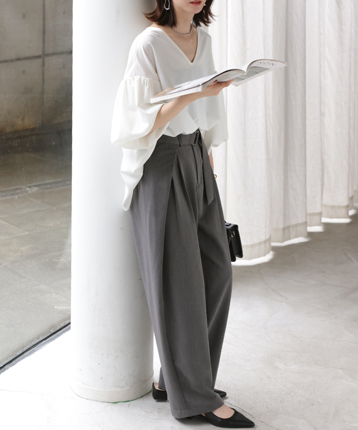 パンツ タック サイドラップ レディース スラックス ワイドパンツ ラップパンツ ボトムス ズボン シワになりにくい バレルレッグ ウエストゴム 体型カバー | HUG.U | 02