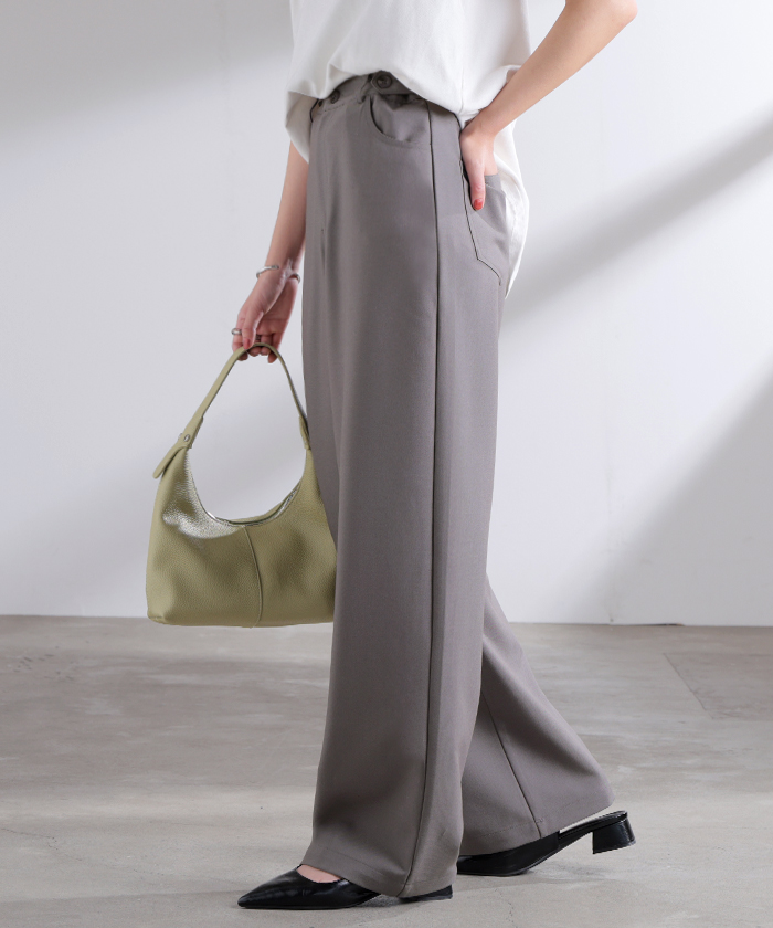 パンツ スラックス ロングパンツ レディース ボトムス 選べる2丈 ロング ワイドパンツ ストレートパンツ ハイウエスト シワになりにくい 無地 ズボン きれいめ | HUG.U | 02