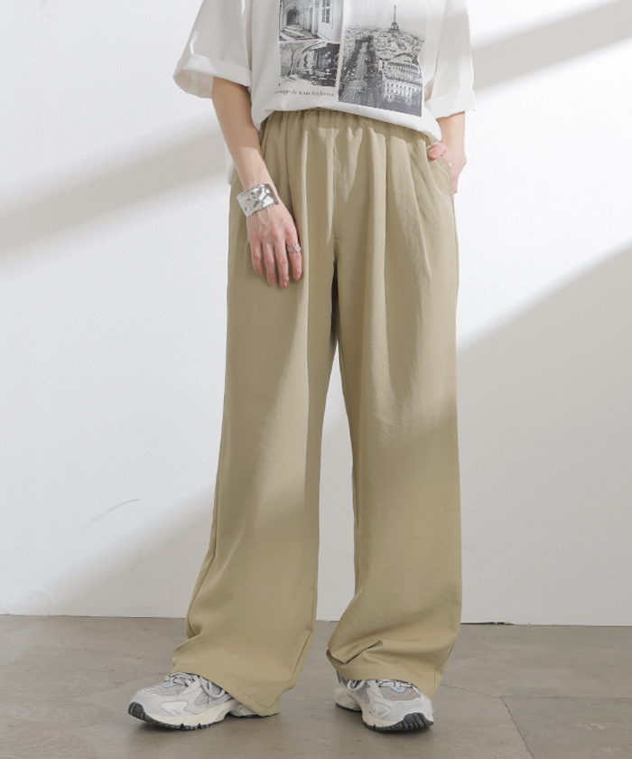 パンツ シワになりにくい ボトムス レディース 軽い 超軽量 選べる2丈 スラックス イージーパンツ ワイドパンツ ウエストゴム ノンアイロン タック 落ち感 | HUG.U | 02