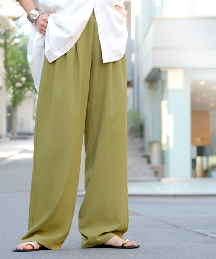 パンツ シワになりにくい ボトムス レディース 軽い 超軽量 選べる2丈 スラックス イージーパンツ ワイドパンツ ウエストゴム ノンアイロン タック 落ち感 | HUG.U | 03