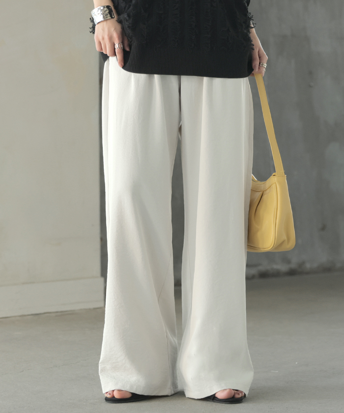 パンツ シワになりにくい ボトムス レディース 軽い 超軽量 選べる2丈 スラックス イージーパンツ ワイドパンツ ウエストゴム ノンアイロン タック 落ち感 | HUG.U | 01