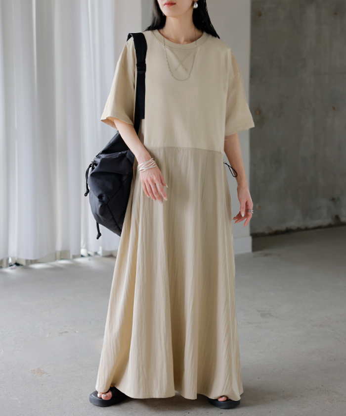 ワンピース ロング 異素材 MIX レディース ワンピ ロングワンピース Aライン マキシ マキシワンピース ドロスト 裾ドッキング 綿100 ワッシャー 軽い 薄手 大判 | HUG.U | 01