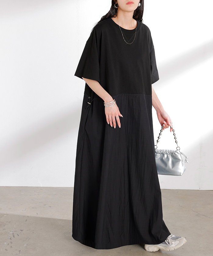ワンピース ロング 異素材 MIX レディース ワンピ ロングワンピース Aライン マキシ マキシワンピース ドロスト 裾ドッキング 綿100 ワッシャー 軽い 薄手 大判 | HUG.U | 03