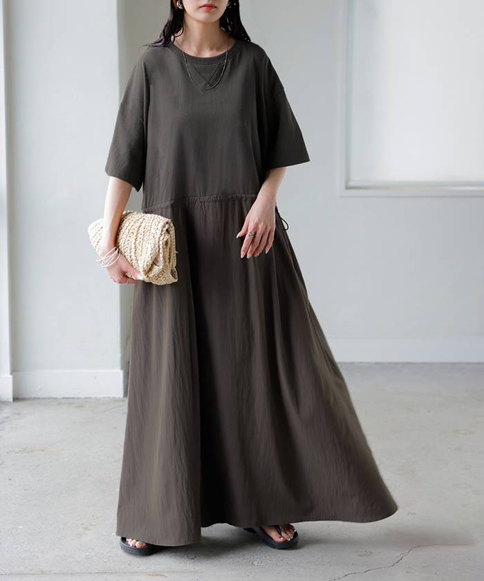 ワンピース ロング 異素材 MIX レディース ワンピ ロングワンピース Aライン マキシ マキシワンピース ドロスト 裾ドッキング 綿100 ワッシャー 軽い 薄手 大判 | HUG.U | 02