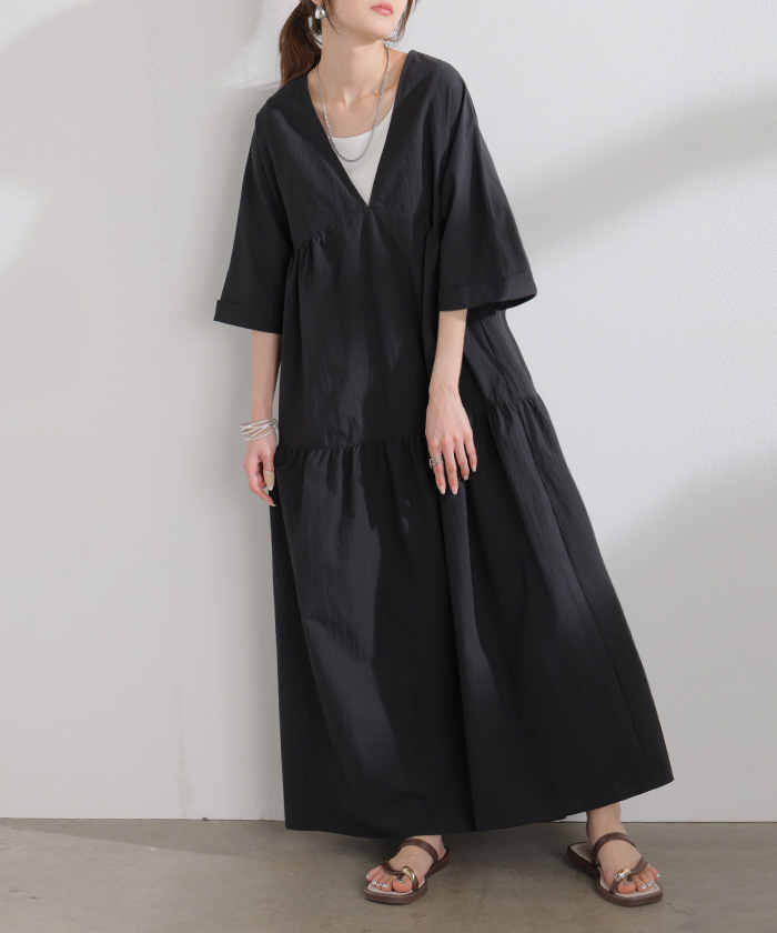 ワンピース ロング ティアード レディース ワンピ ロングワンピース Aライン フレア Vネック マキシ ワッシャー シワ加工 綿 無地 軽い レイヤード ボリューム | HUG.U | 04