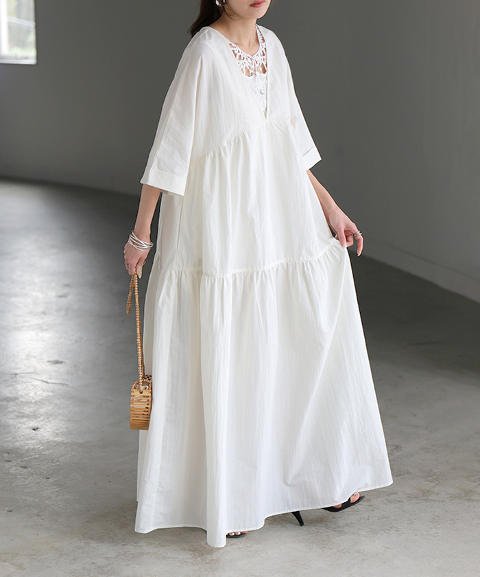 ワンピース ロング ティアード レディース ワンピ ロングワンピース Aライン フレア Vネック マキシ ワッシャー シワ加工 綿 無地 軽い レイヤード ボリューム | HUG.U | 01