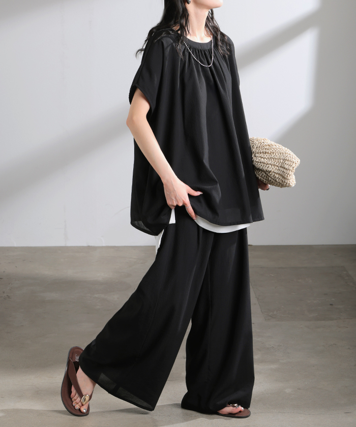 セットアップ 上下セット 2点セット レディース ボトムス パンツ トップス ブラウス フレンチスリーブ ギャザー 楊柳 ジョーゼット 半袖 ワイドパンツ ロング | HUG.U | 04