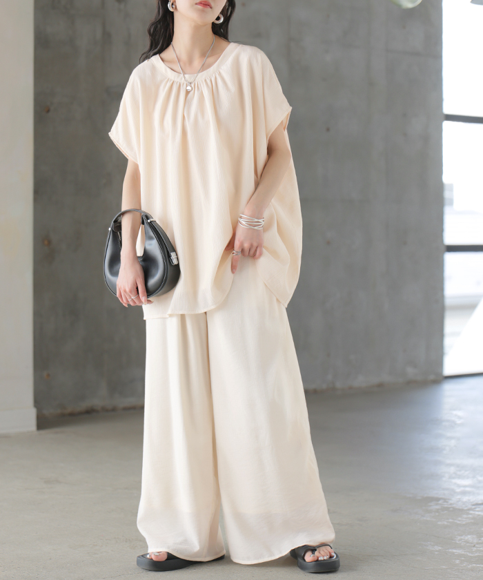 セットアップ 上下セット 2点セット レディース ボトムス パンツ トップス ブラウス フレンチスリーブ ギャザー 楊柳 ジョーゼット 半袖 ワイドパンツ ロング | HUG.U | 01
