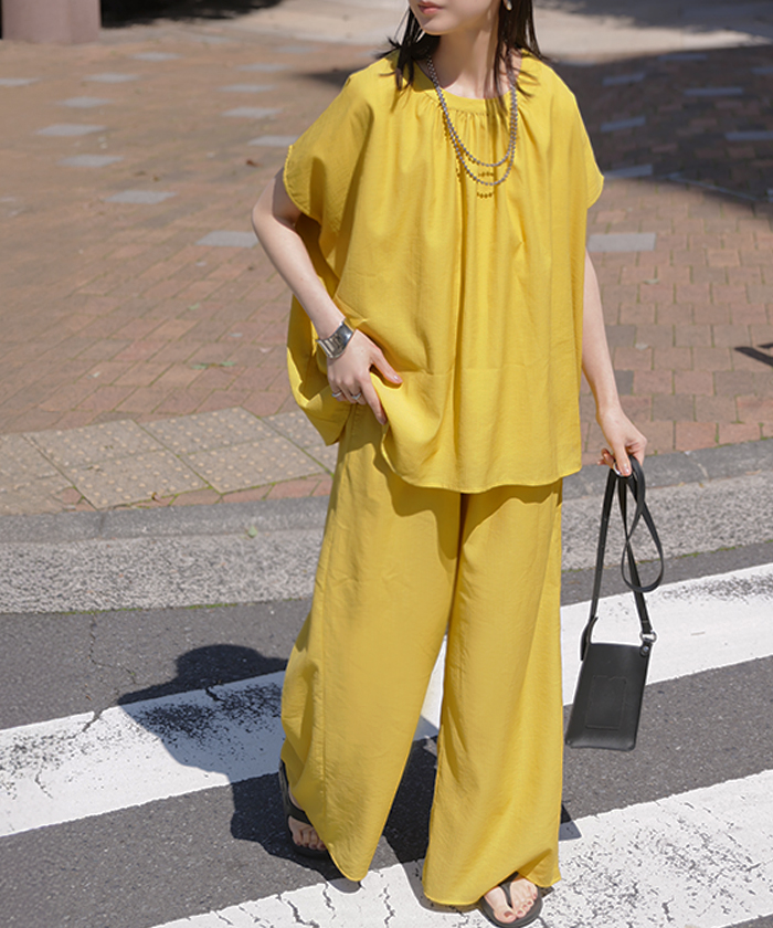 セットアップ 上下セット 2点セット レディース ボトムス パンツ トップス ブラウス フレンチスリーブ ギャザー 楊柳 ジョーゼット 半袖 ワイドパンツ ロング | HUG.U | 02