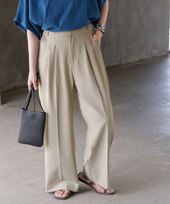 パンツ グルカパンツ レディース ボトムス ワイドパンツ ベルト付き スラックス 選べる2丈 ロング ハイウエスト ストレート センタープレス タックパンツ | HUG.U | 01