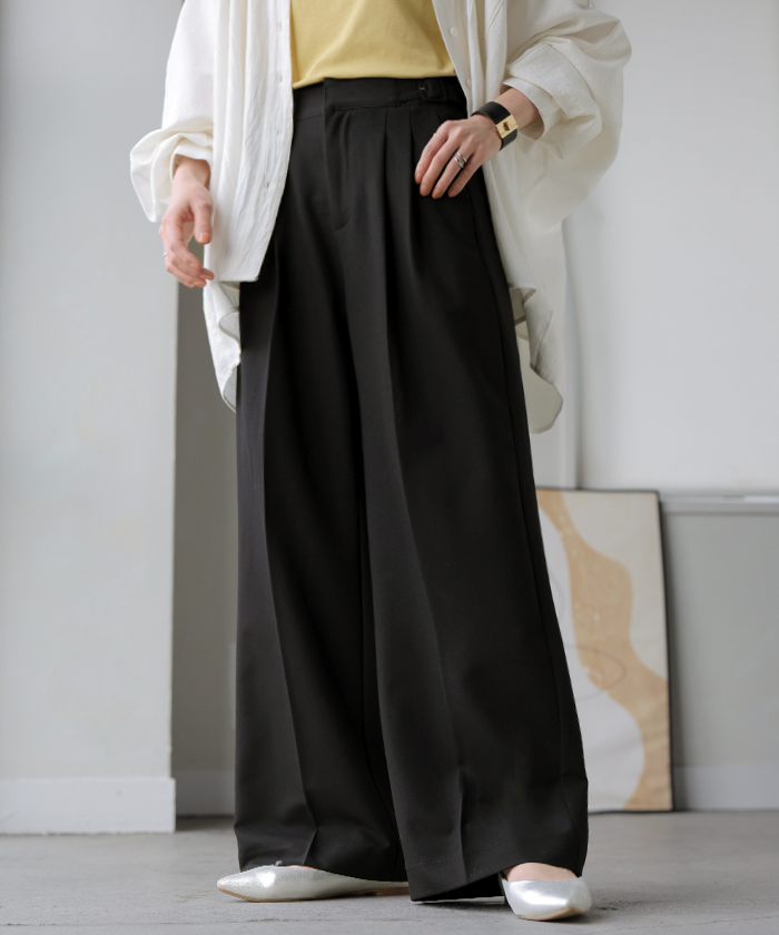 パンツ グルカパンツ レディース ボトムス ワイドパンツ ベルト付き スラックス 選べる2丈 ロング ハイウエスト ストレート センタープレス タックパンツ | HUG.U | 03