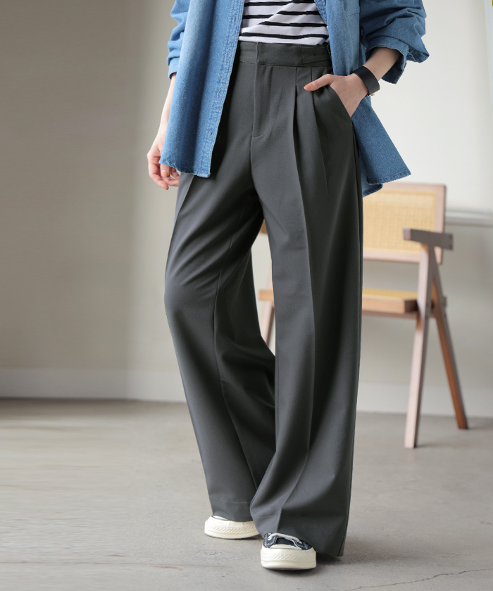 パンツ グルカパンツ レディース ボトムス ワイドパンツ ベルト付き スラックス 選べる2丈 ロング ハイウエスト ストレート センタープレス タックパンツ | HUG.U | 02