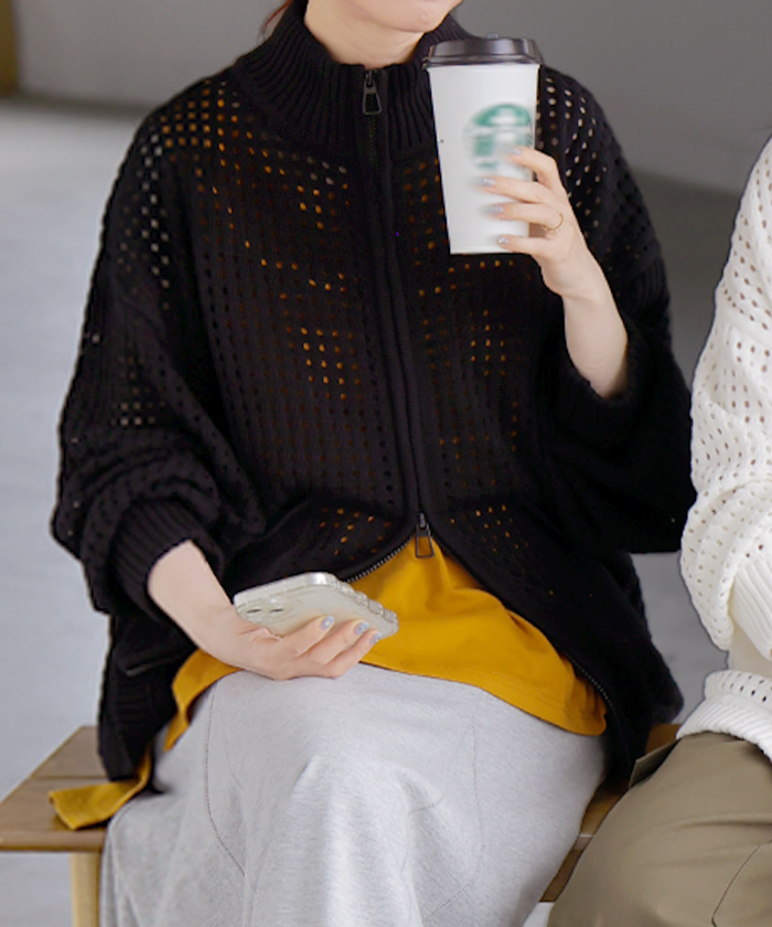 カーディガン 綿100％ 透かし編み トップス レディース サマーニット ダブルジップ 羽織り ニット コットン チクチクしない 長袖 透け感 体型カバー ゆったり | HUG.U | 02