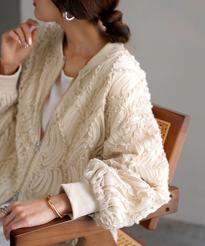 アウター ジャスト丈 ブルゾン レディース シアー 刺繍 ジャケット ジャンパー MA-1 ノーカラー シアーブルゾン ドルマン シースルー 羽織 薄手 ライトアウター | HUG.U | 01