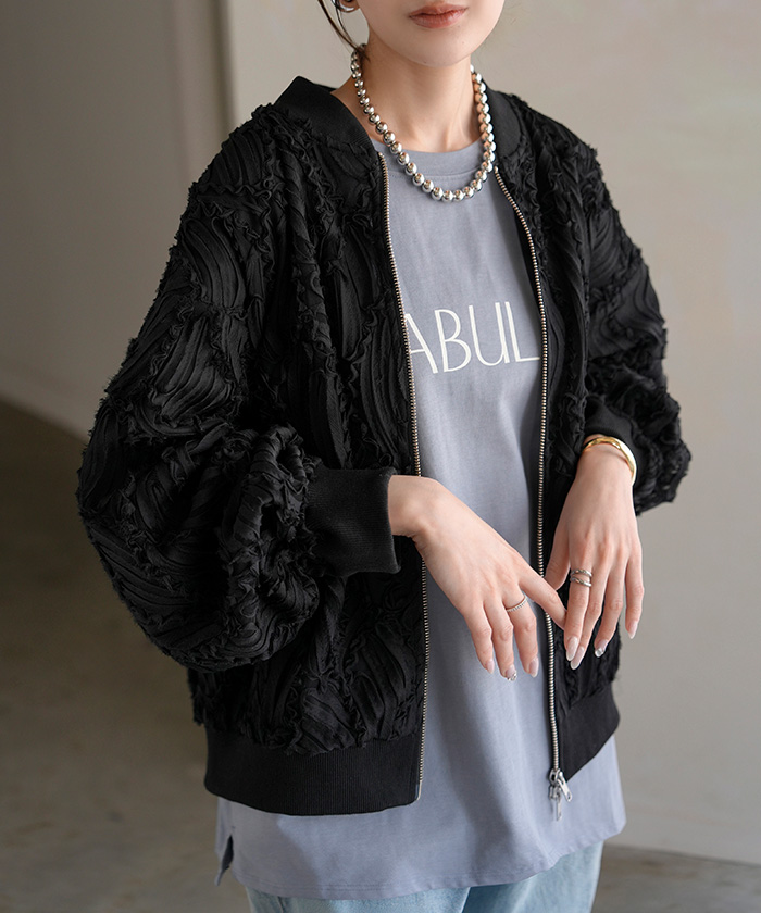 アウター ジャスト丈 ブルゾン レディース シアー 刺繍 ジャケット ジャンパー MA-1 ノーカラー シアーブルゾン ドルマン シースルー 羽織 薄手 ライトアウター | HUG.U | 02