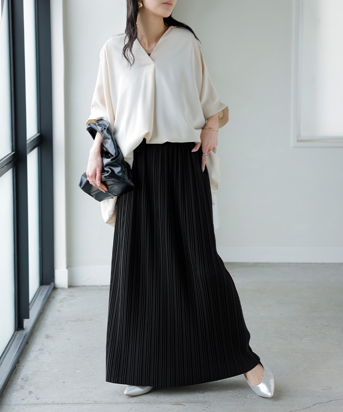 スカート ロング プリーツ レディース タイト ロングスカート タイトスカート ナロースカート ボトムス Iライン 細プリーツ 細い ストレッチ シワになりにくい | HUG.U | 05