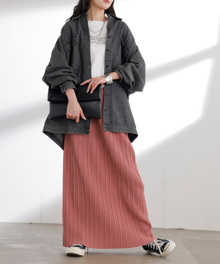 スカート ロング プリーツ レディース タイト ロングスカート タイトスカート ナロースカート ボトムス Iライン 細プリーツ 細い ストレッチ シワになりにくい | HUG.U | 04