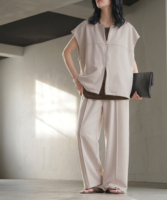 セットアップ レディース 上下セット トップス ボトムス パンツスーツ ストレッチ シワになりにくい ノーアイロン ダブルジップ ジレ ベスト Uネック パンツ | HUG.U | 01