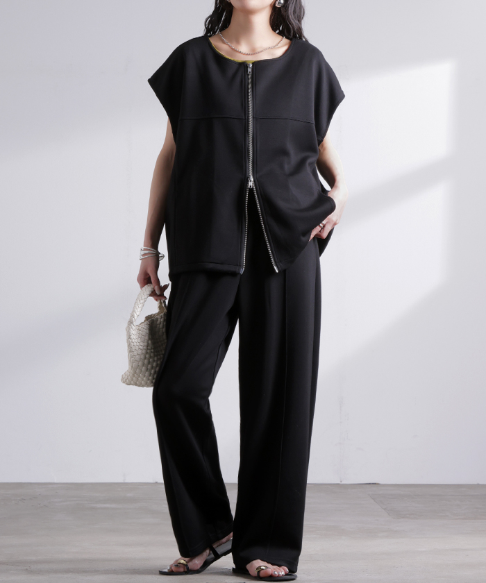 セットアップ レディース 上下セット トップス ボトムス パンツスーツ ストレッチ シワになりにくい ノーアイロン ダブルジップ ジレ ベスト Uネック パンツ | HUG.U | 03