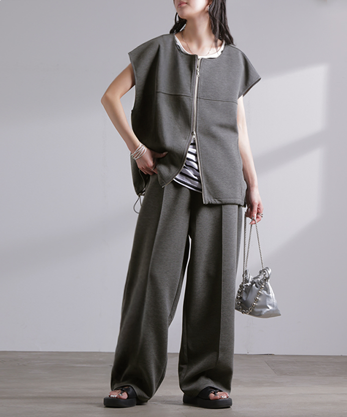 セットアップ レディース 上下セット トップス ボトムス パンツスーツ ストレッチ シワになりにくい ノーアイロン ダブルジップ ジレ ベスト Uネック パンツ | HUG.U | 02