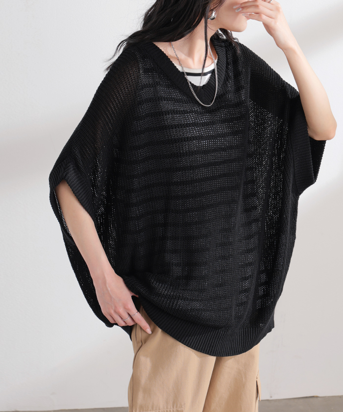 サマーニット サイダー ニット トップス レディース Vネック 半袖 チュニック 軽い ロング プルオーバー 透け感 シワになりにくい 吸水速乾 ドロップショルダー | HUG.U | 07