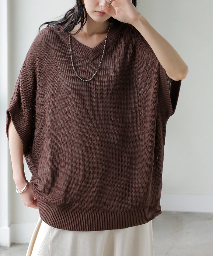 サマーニット サイダー ニット トップス レディース Vネック 半袖 チュニック 軽い ロング プルオーバー 透け感 シワになりにくい 吸水速乾 ドロップショルダー | HUG.U | 02