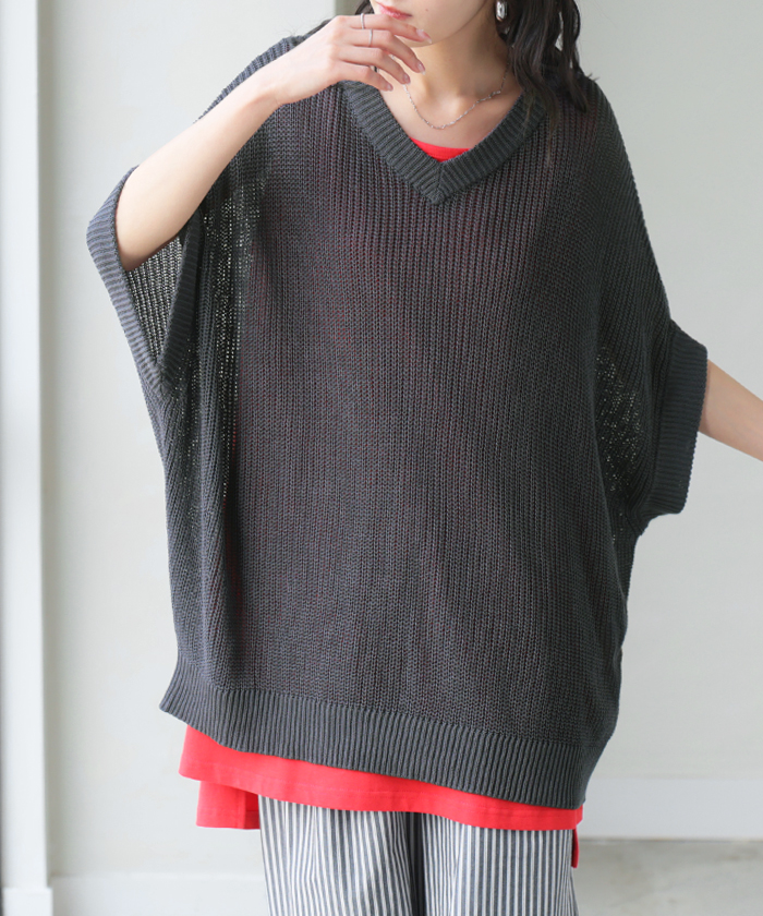 サマーニット サイダー ニット トップス レディース Vネック 半袖 チュニック 軽い ロング プルオーバー 透け感 シワになりにくい 吸水速乾 ドロップショルダー | HUG.U | 06