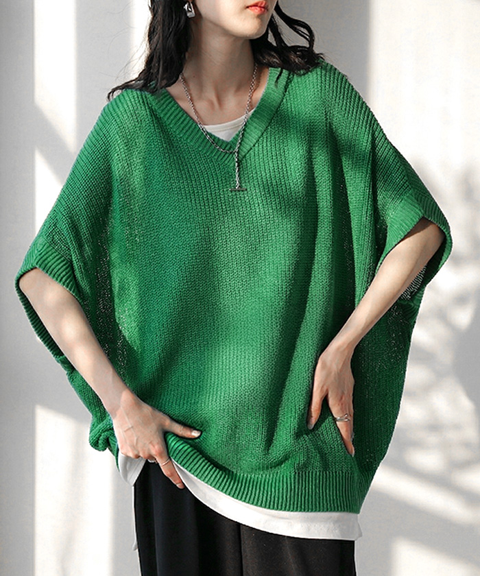 サマーニット サイダー ニット トップス レディース Vネック 半袖 チュニック 軽い ロング プルオーバー 透け感 シワになりにくい 吸水速乾 ドロップショルダー | HUG.U | 03