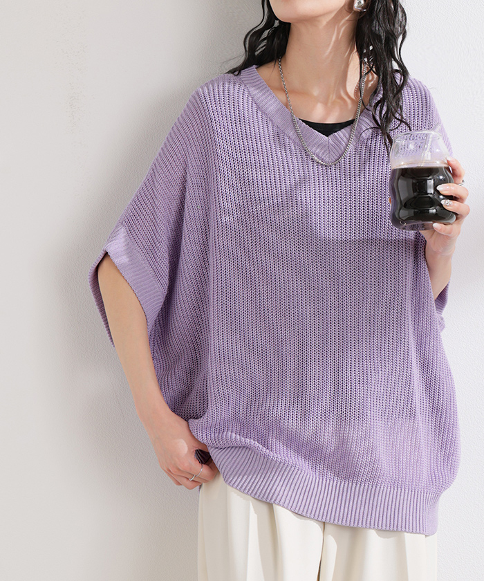 サマーニット サイダー ニット トップス レディース Vネック 半袖 チュニック 軽い ロング プルオーバー 透け感 シワになりにくい 吸水速乾 ドロップショルダー | HUG.U | 05