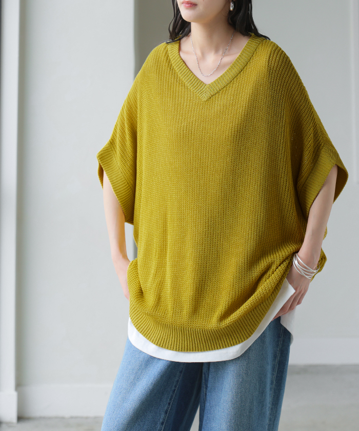 サマーニット サイダー ニット トップス レディース Vネック 半袖 チュニック 軽い ロング プルオーバー 透け感 シワになりにくい 吸水速乾 ドロップショルダー | HUG.U | 04