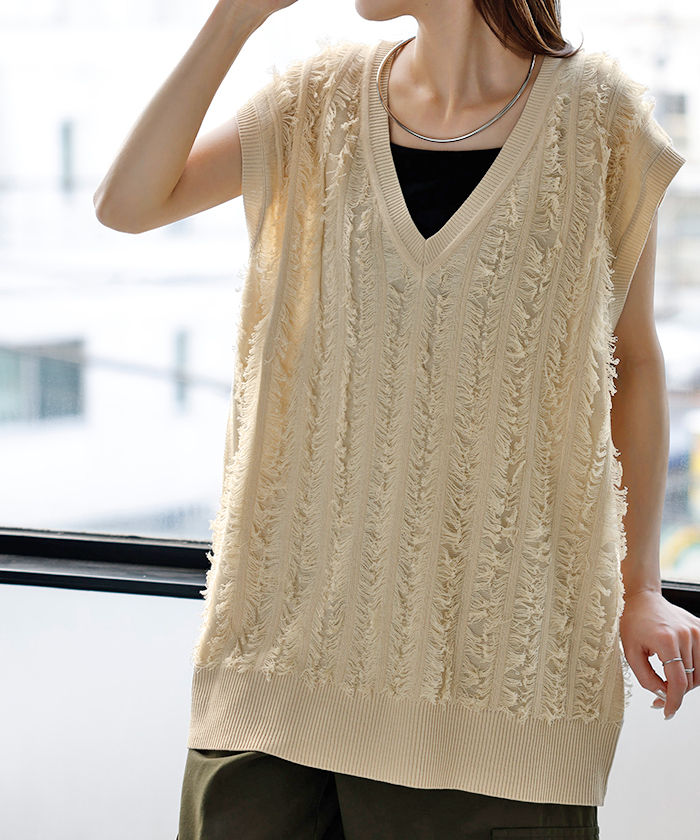 カコ　　チュニック ロングベスト ノースリーブ HUG.U（ハグユー） ベスト ニット フリンジ レディース トップス