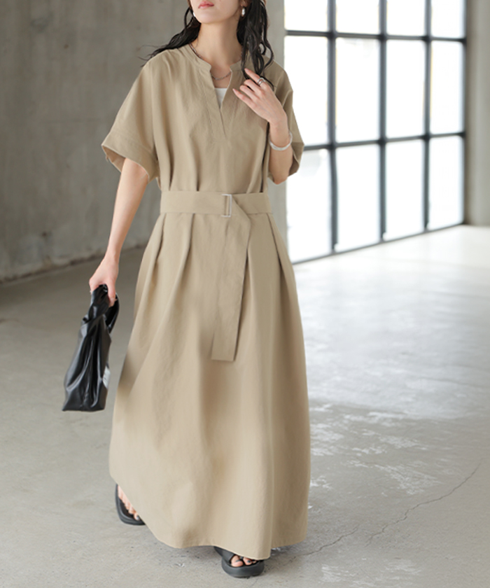 ワンピース レディース ロングワンピース マキシワンピース Vネック キーネック Aライン シャツワンピース ロング バックルベルト ベルト付き ポケット 半袖の画像