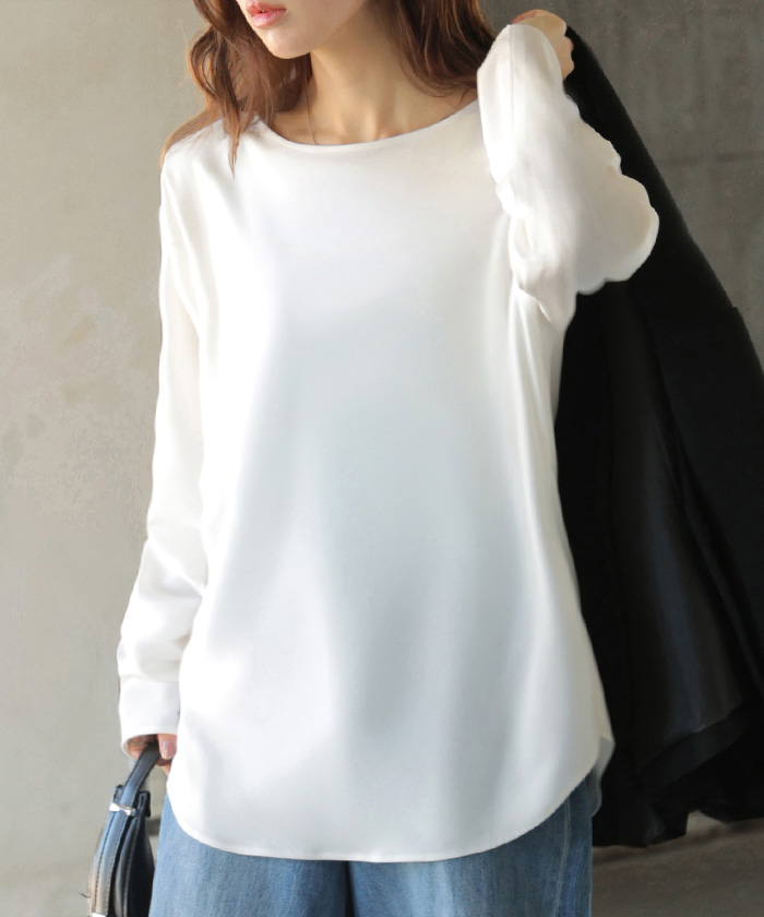 ブラウス ロンT シワになりにくい トップス ロング シャツ ノーカラー ロングシャツ チュニック クルーネック 長袖 無地 イージーケア きれいめ | HUG.U | 01