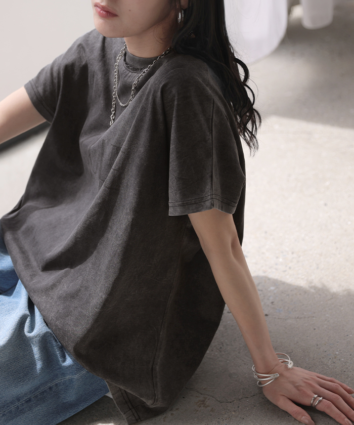 Tシャツ ロゴT 綿100％ レディース トップス カットソー ロング ヴィンテージ 半袖 コットン ロゴTシャツ クルーネック ウォッシュ加工 お尻が隠れる 体型カバー | HUG.U | 02