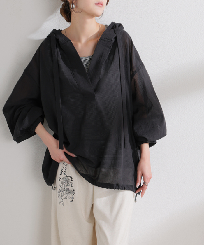 パーカー 綿100 シアー レディース トップス コットン フーディー 透け感 Vネック 長袖 体型カバー スキッパー レイヤード 重ね着 プルオーバー | HUG.U | 06