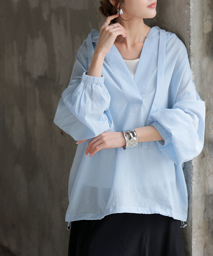 パーカー 綿100 シアー レディース トップス コットン フーディー 透け感 Vネック 長袖 体型カバー スキッパー レイヤード 重ね着 プルオーバー | HUG.U | 03