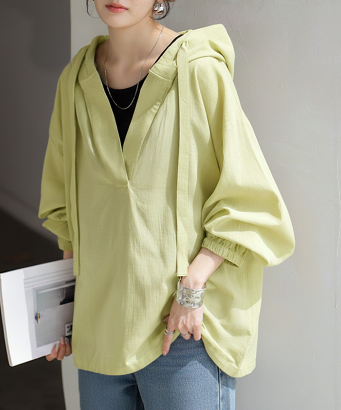 パーカー 綿100 シアー レディース トップス コットン フーディー 透け感 Vネック 長袖 体型カバー スキッパー レイヤード 重ね着 プルオーバー | HUG.U | 05