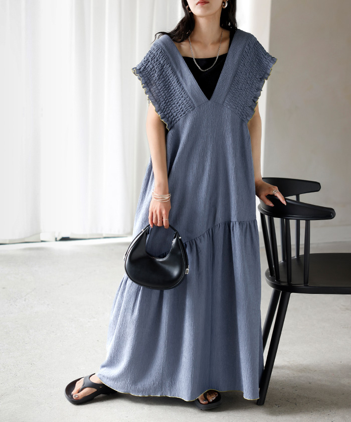 ワンピース 楊柳 ロング ワンピ レディース ロングワンピース Aライン ティアード マキシ マキシワンピース ワンピ ロングワンピ ノースリーブ タンクトップ | HUG.U | 01