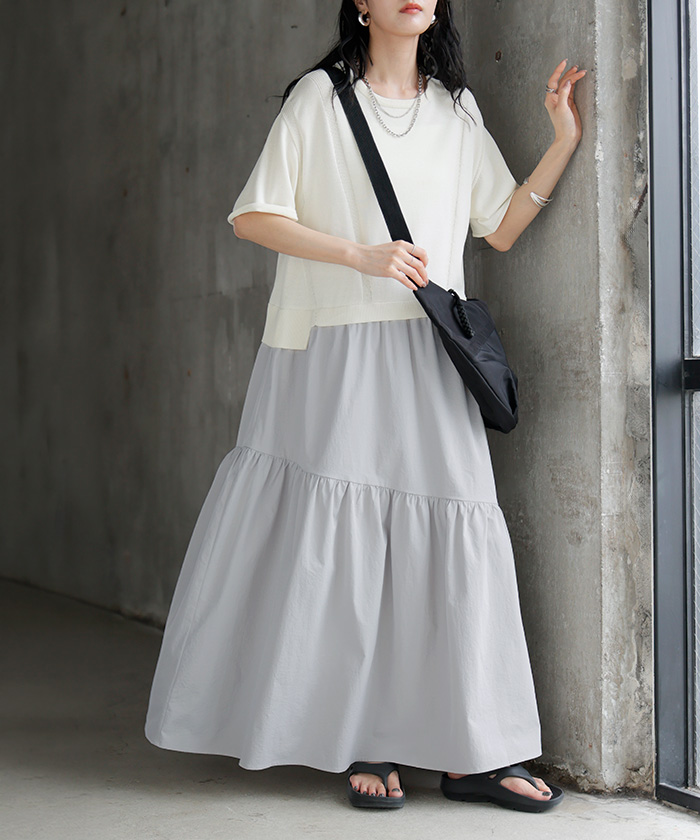 ​萌 モユル 慈雨★メッシュドッキング フーデット ロングジレ ワンピース 40 HUG.U（ハグユー） ワンピース ロング レイヤード風 ニット ティアード