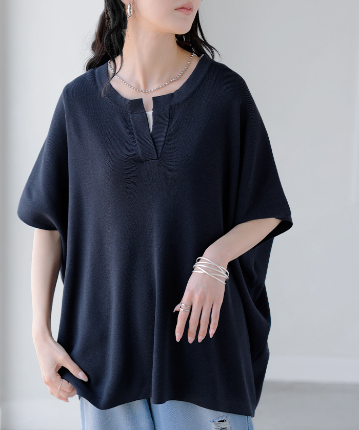 ニット スキッパー ドルマン レディース トップス ロング プルオーバー セーター サマーニット Tシャツ Vネック ちくちくしない ハイゲージ しっかり 通気性 | HUG.U | 03