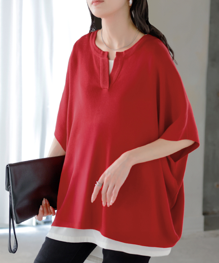 ニット スキッパー ドルマン レディース トップス ロング プルオーバー セーター サマーニット Tシャツ Vネック ちくちくしない ハイゲージ しっかり 通気性 | HUG.U | 02