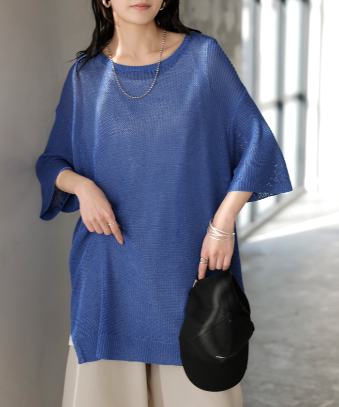 サマーニット 透かし編み プルオーバー ルーズ レディース トップス ニット セーター オーバー ロング メッシュ チュニック 透け リネン風 半袖 五分袖 七分袖 | HUG.U | 03